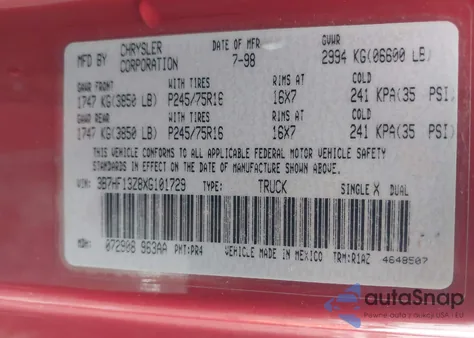 1999 Dodge Ram 1500 St z USA, uszkodzony, nr VIN 3B7HF13Z8XG101729